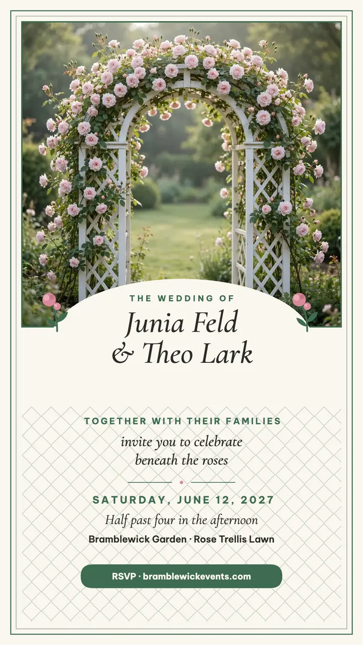 Junia and Theo rose trellis garden invitation: garden wedding invitation template