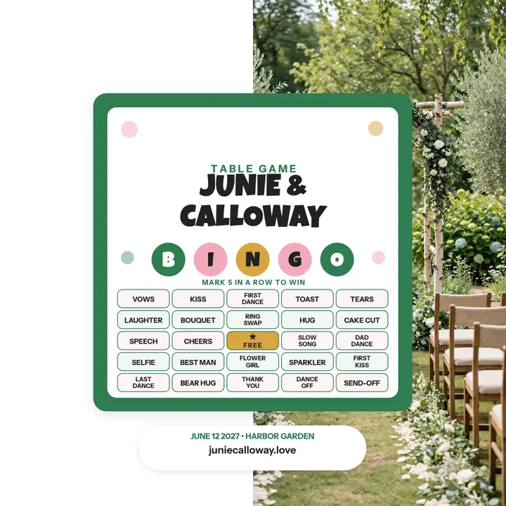 Junie and Calloway garden moments bingo: wedding bingo card template
