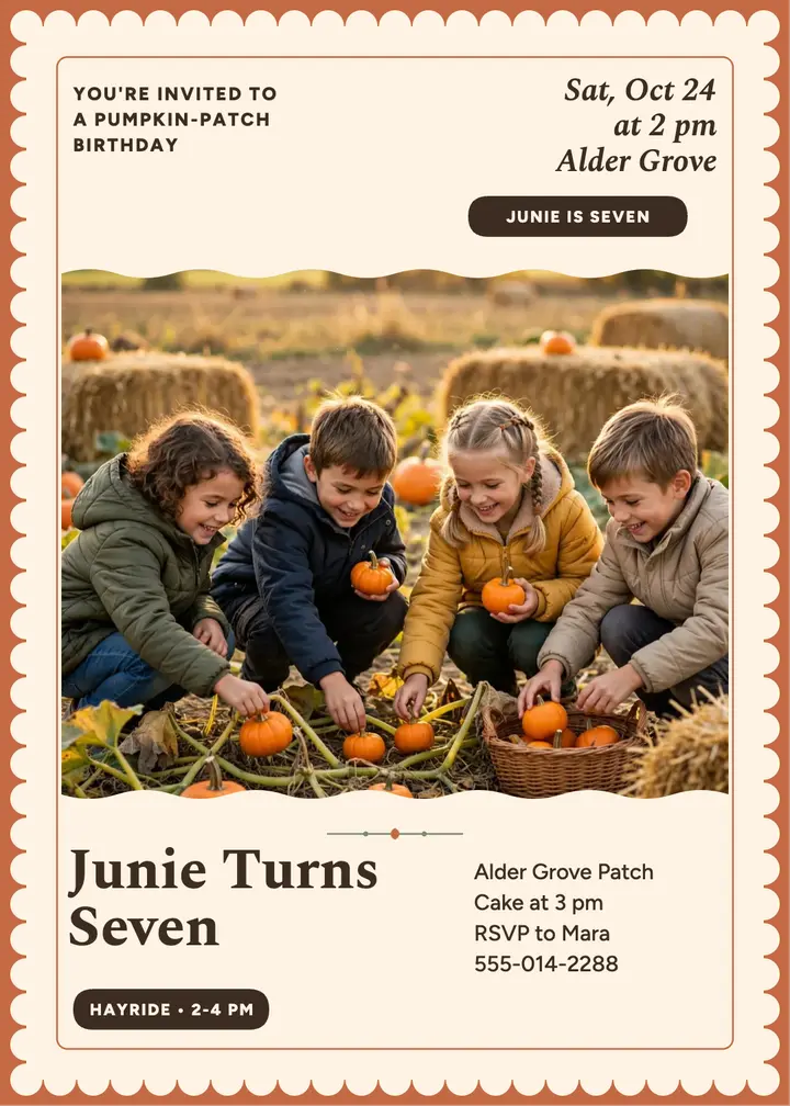 Junie pumpkin patch seventh birthday invite: pumpkin patch birthday invitation template