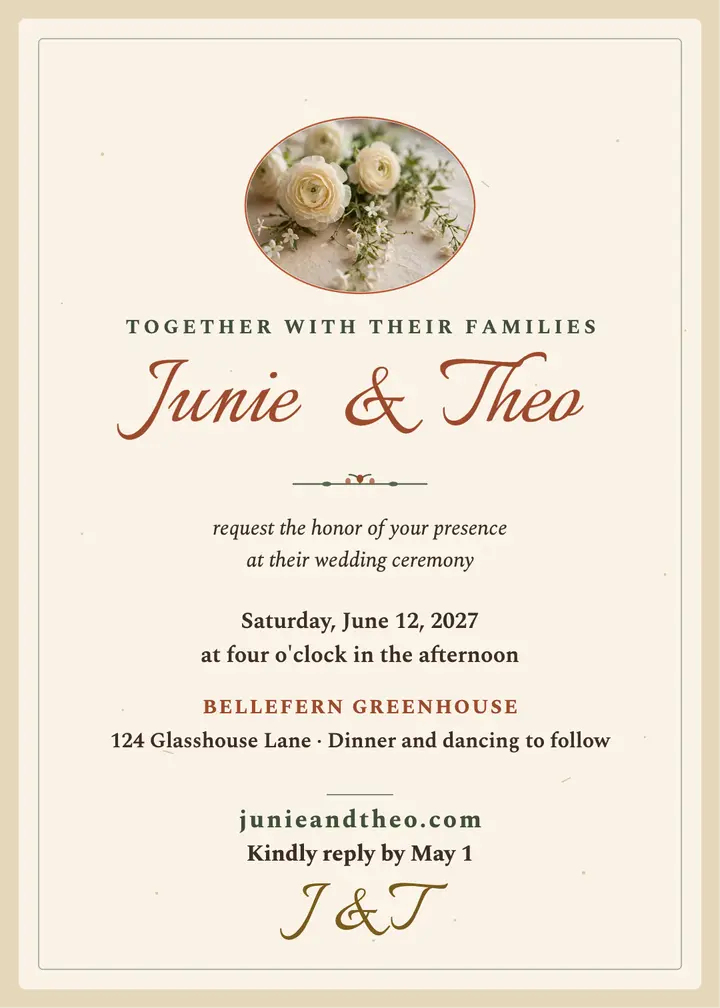 Junie and Theo greenhouse invitation: greenhouse wedding invitation template