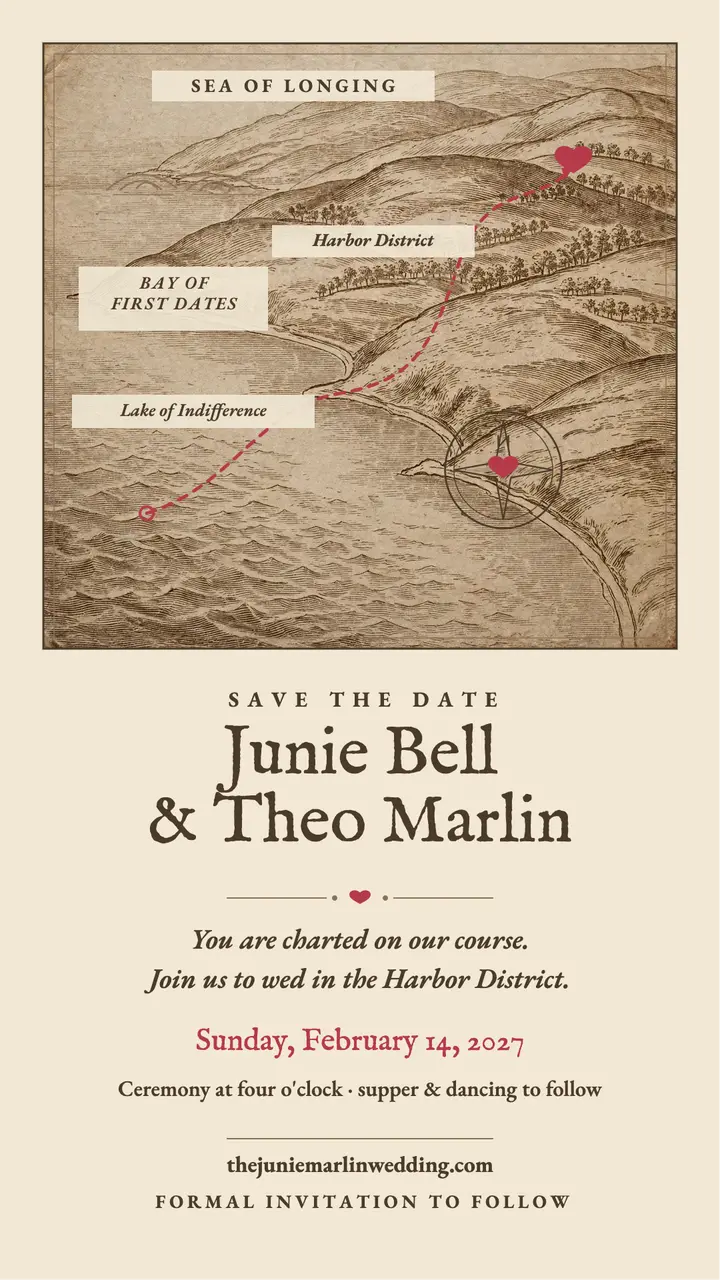 Junie Bell and Theo Marlin love map save date template