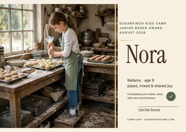 Sugarfinch junior baker camp certificate: junior baker certificate template