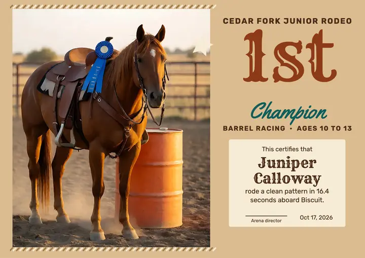 Cedar Fork Junior Rodeo first place certificate: junior barrel racing certificate template