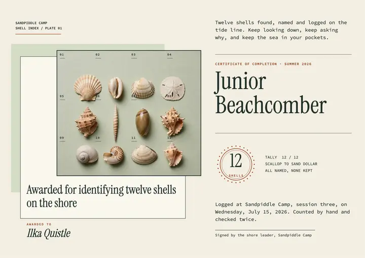 Junior Beachcomber shell certificate, Sandpiddle Camp template