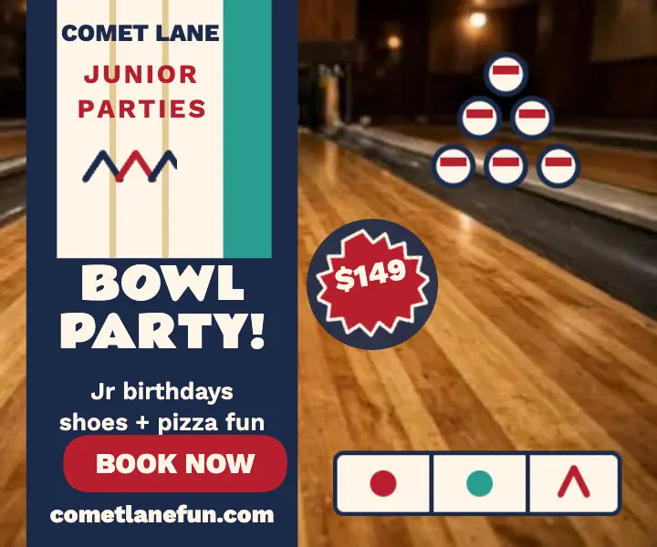Comet Lane junior birthday bowling ad: bowling birthday ad template