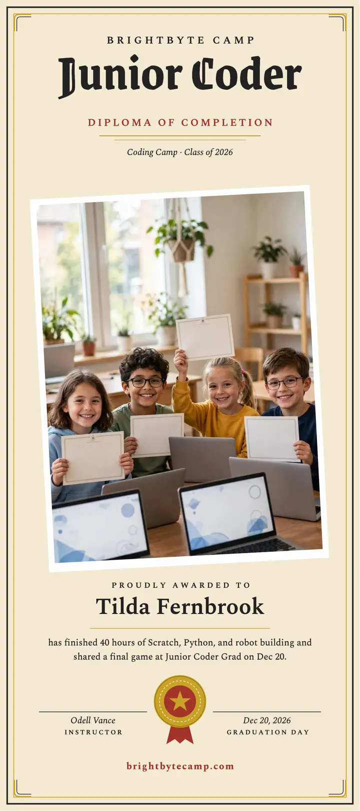 Brightbyte junior coder grad diploma card template