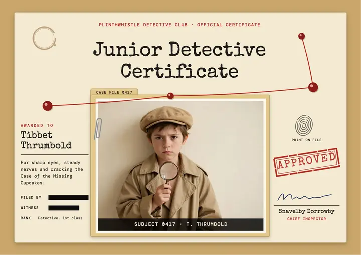 Junior detective certificate, case file dossier template