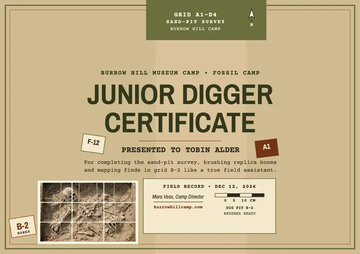 Junior Digger fossil camp certificate template