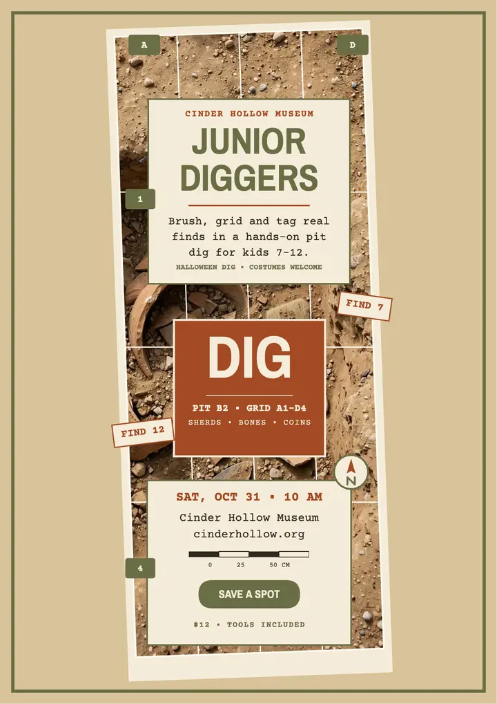 Junior Diggers workshop flyer, dig site template