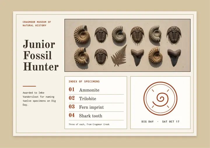 Junior fossil hunter certificate, specimen index template