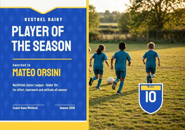 Northfield Junior League player certificate template