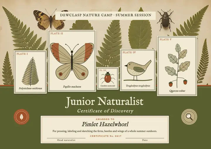 Junior Naturalist camp certificate, field guide plates: kids nature camp certificate template