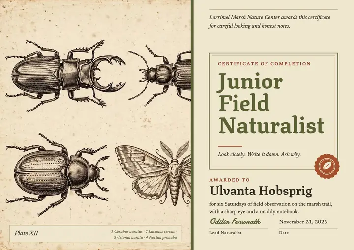Junior Field Naturalist certificate, beetle plate template