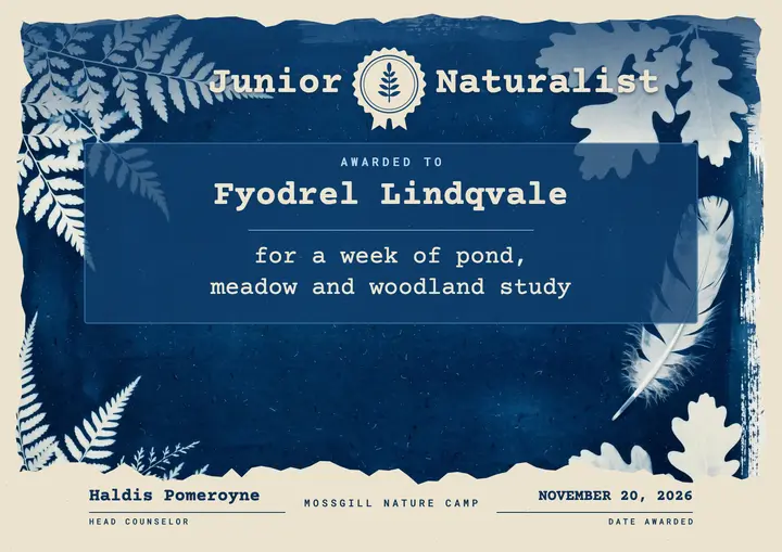 Junior naturalist certificate, cyanotype nature camp template