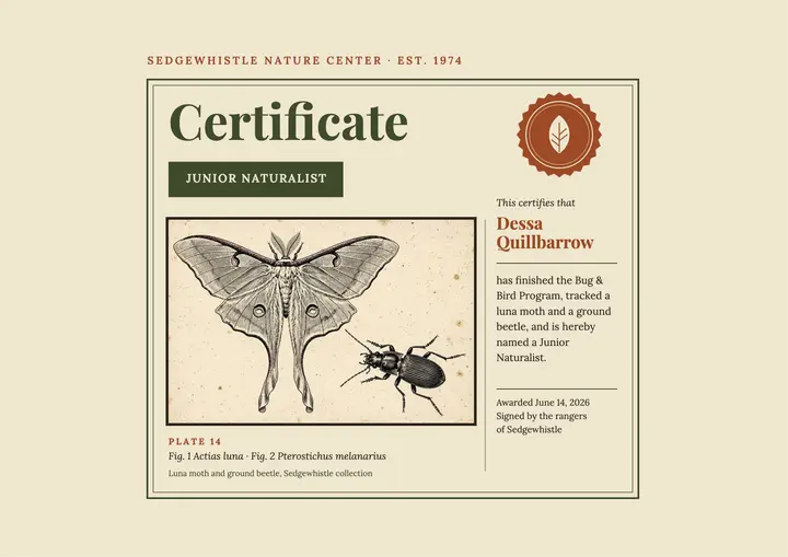 Junior Naturalist certificate, engraved plate template