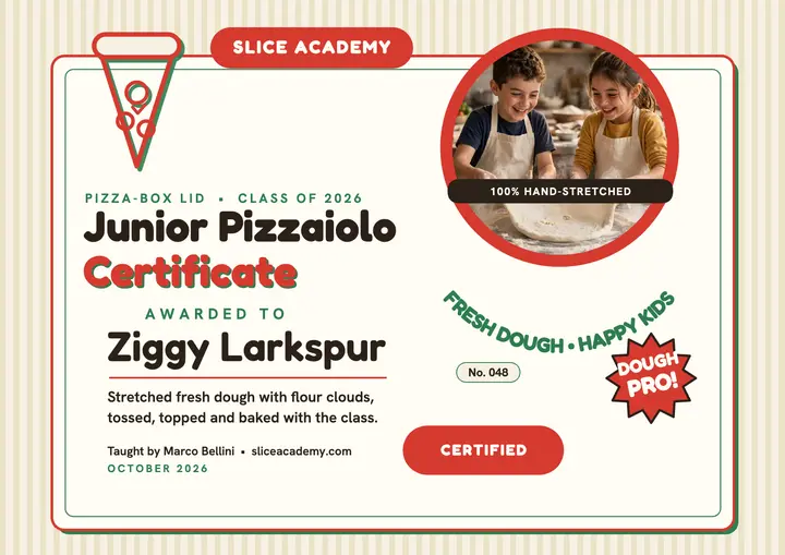 Junior Pizzaiolo pizza class certificate: pizza class certificate template