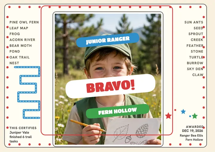 Fern Hollow Junior Ranger activity certificate template