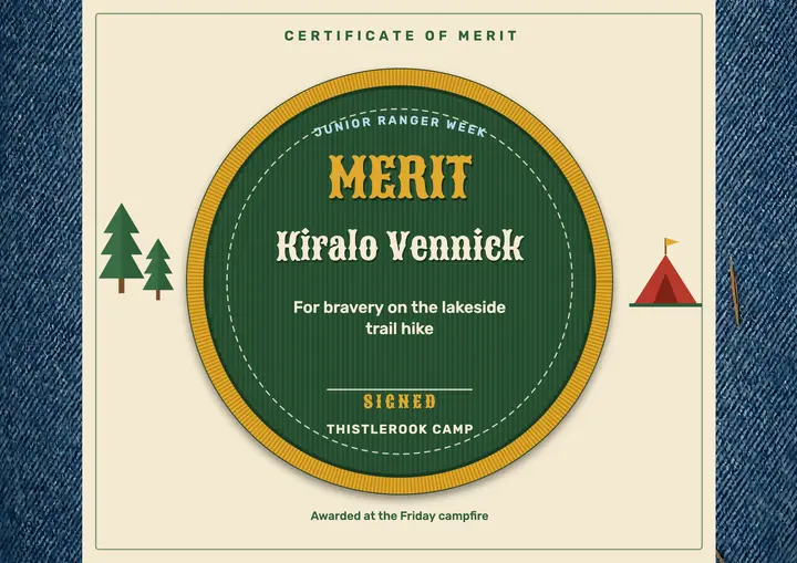 Junior Ranger camp merit certificate, embroidered patch: camp certificate template