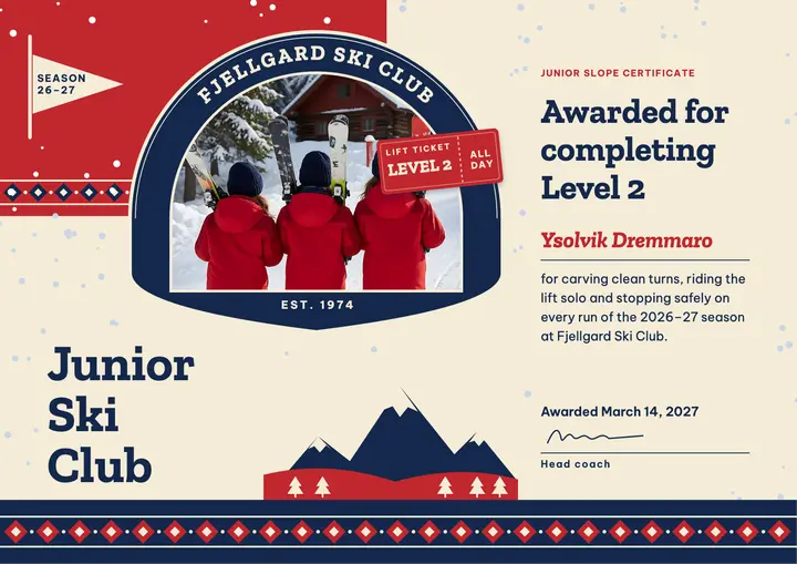 Junior ski club certificate, Level 2 template
