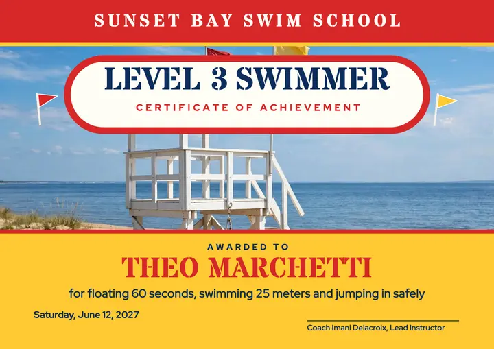 Sunset Bay level 3 swimmer certificate template