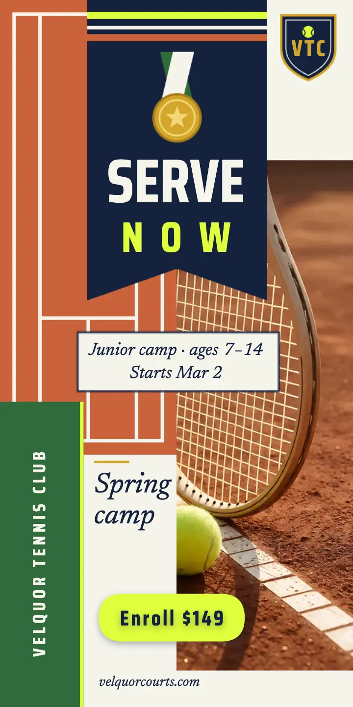 Velquor junior tennis spring camp half-page ad template