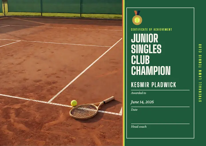 Junior tennis club championship certificate template