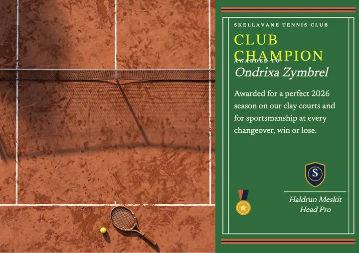 Junior tennis club champion certificate template