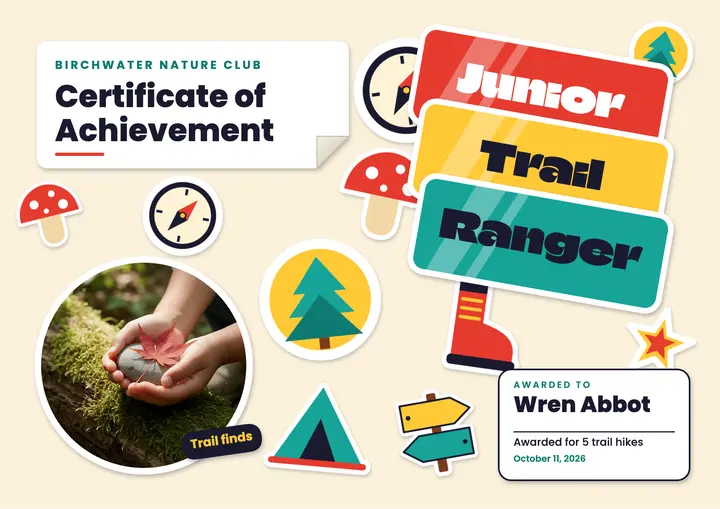 Junior Trail Ranger certificate, Birchwater Nature Club template