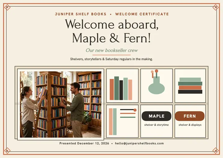 Juniper Shelf welcome aboard certificate template