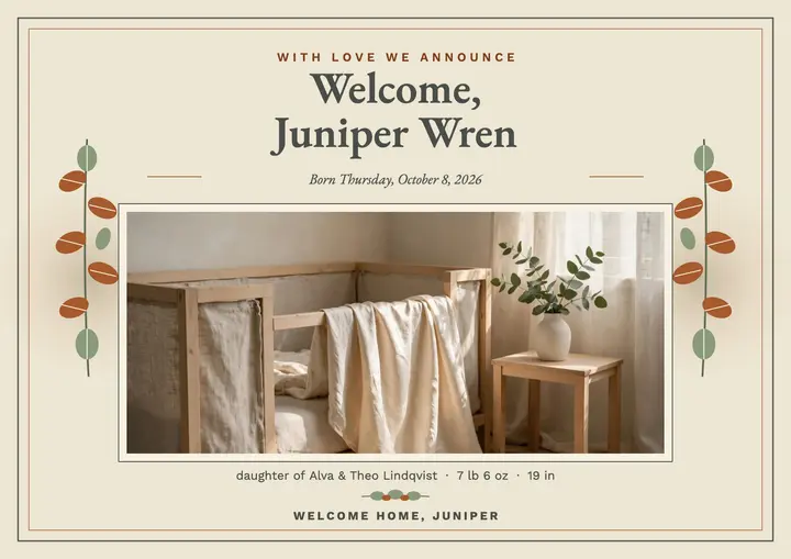 Juniper Wren botanical birth certificate template