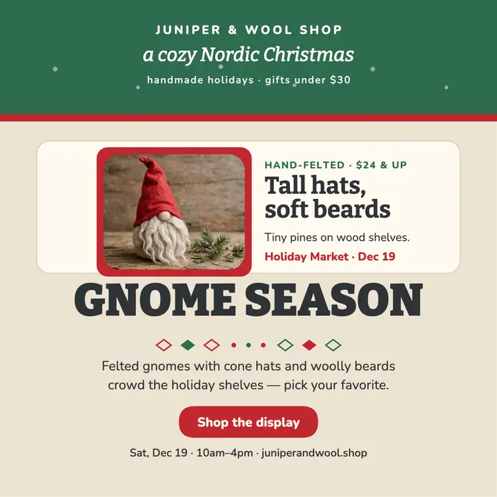 Juniper gnome holiday market post template