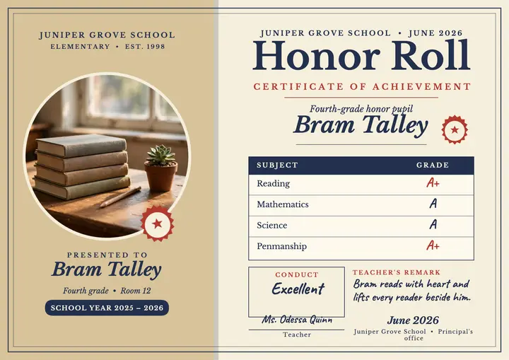 Honor roll report certificate, Juniper Grove template