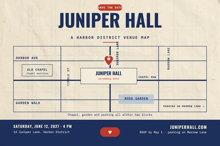 Juniper Hall wedding map postcard: wedding venue map postcard template