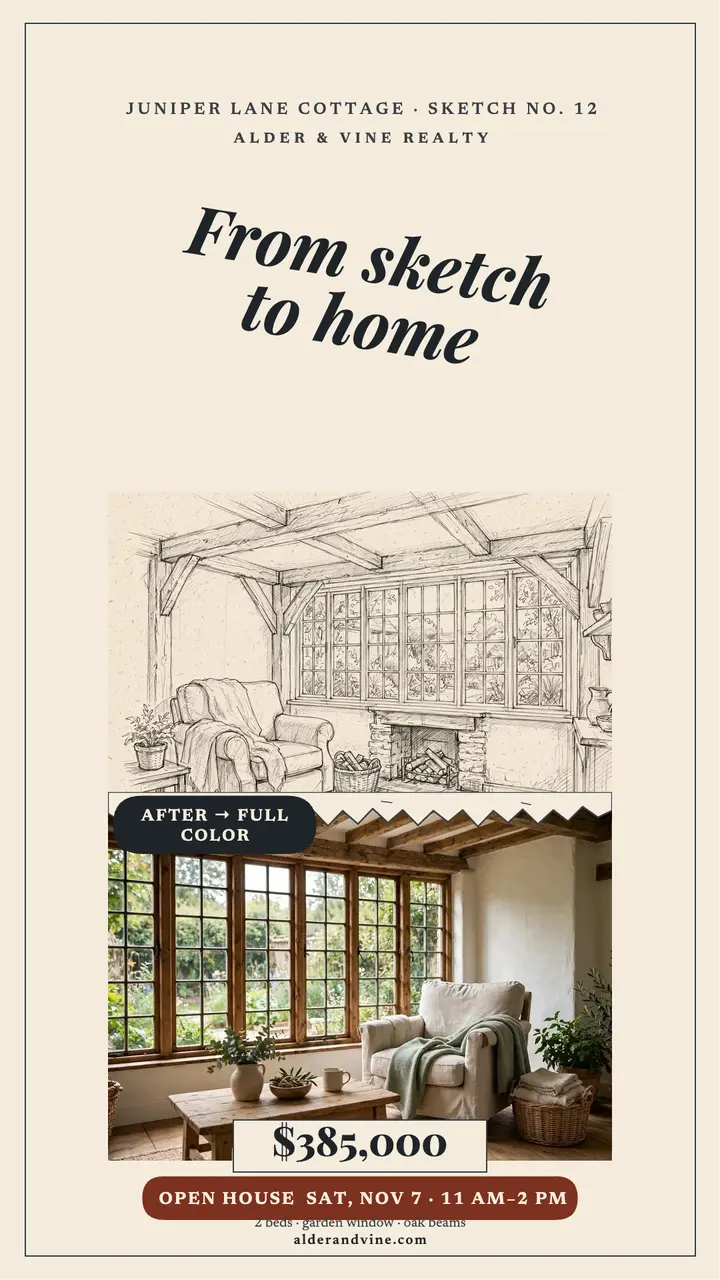 Juniper Lane cottage sketch to photo story template