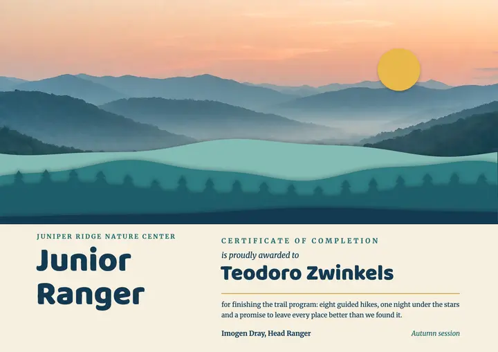 Juniper Ridge junior ranger certificate, layered papercut template