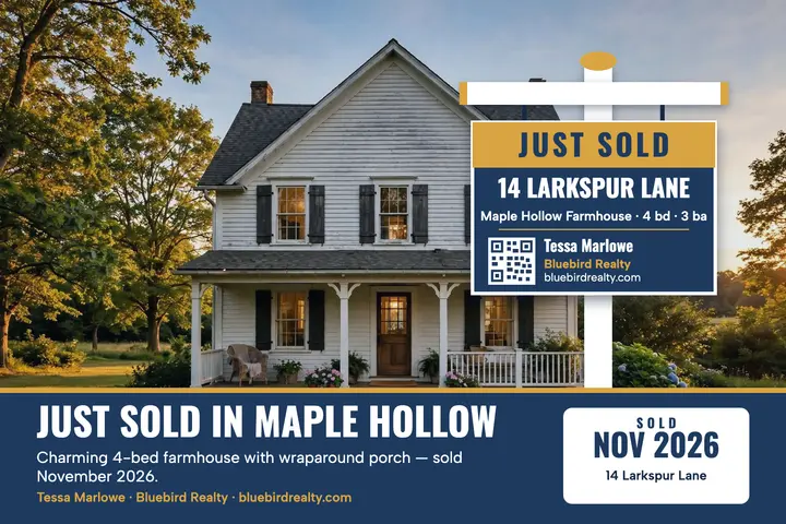 Maple Hollow farmhouse just sold sign postcard template