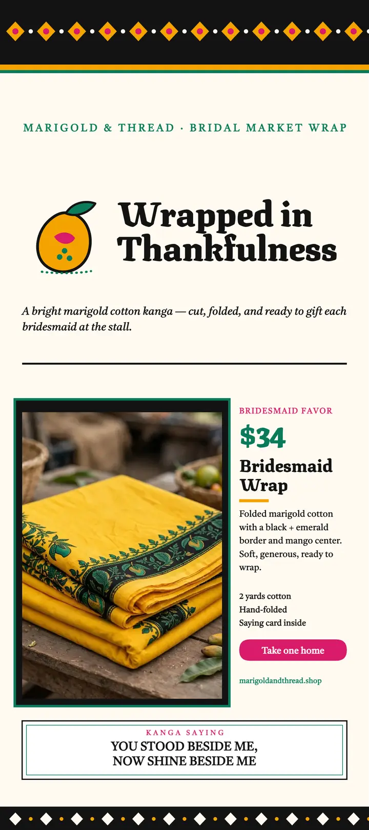 Marigold kanga bridesmaid wrap rack card template