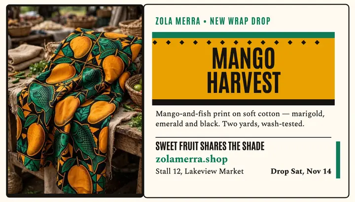 Zola Merra mango wrap drop card: fabric stall business card template