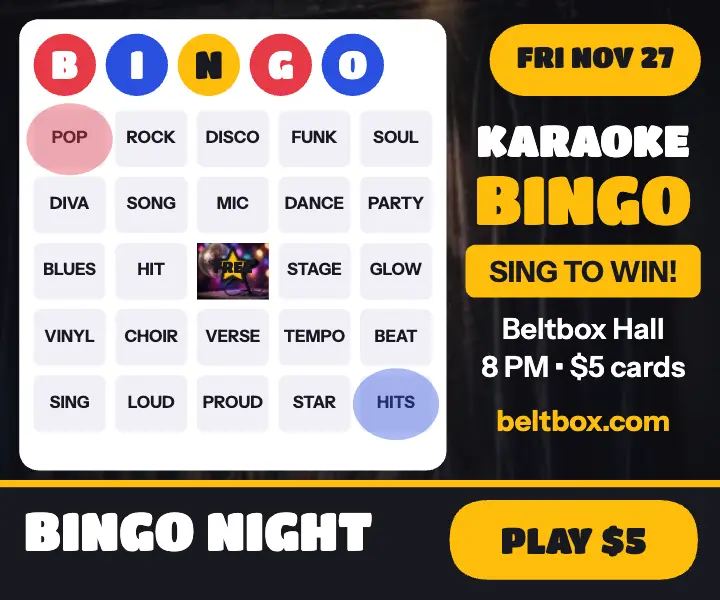 Beltbox karaoke bingo night ad: karaoke bingo ad template