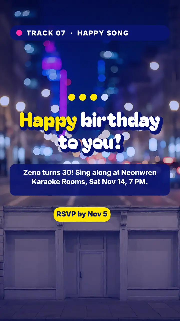 Neonwren Karaoke Rooms birthday invitation story template