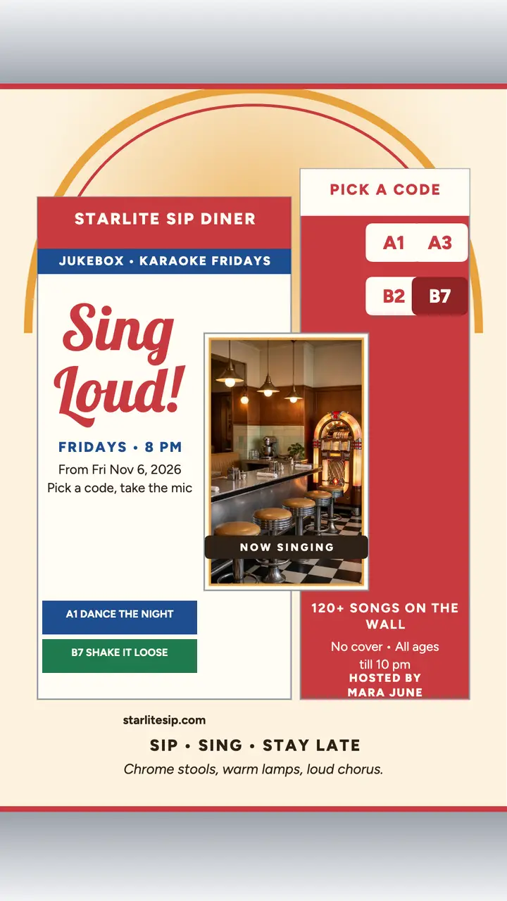Starlite Sip karaoke Fridays jukebox story template