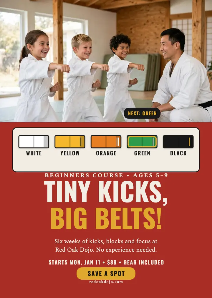 Red Oak karate beginners invite, belt ladder: kids karate invitation template