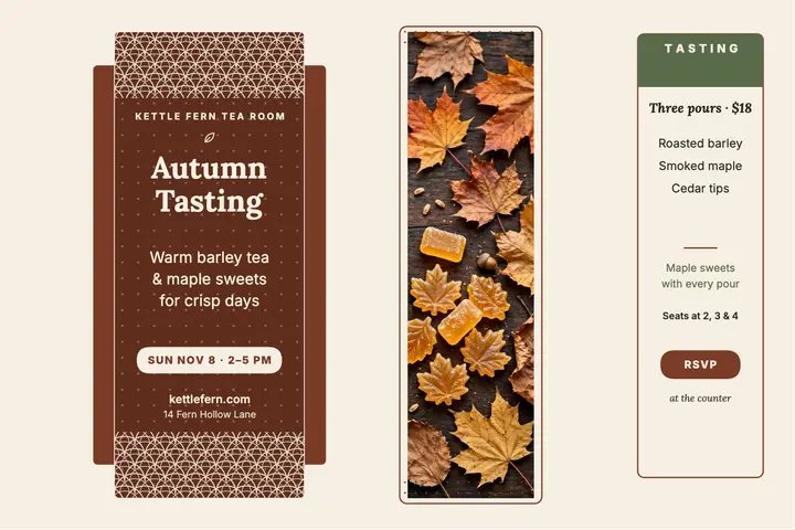 Kettle Fern autumn tea tasting postcard: tea tasting postcard template