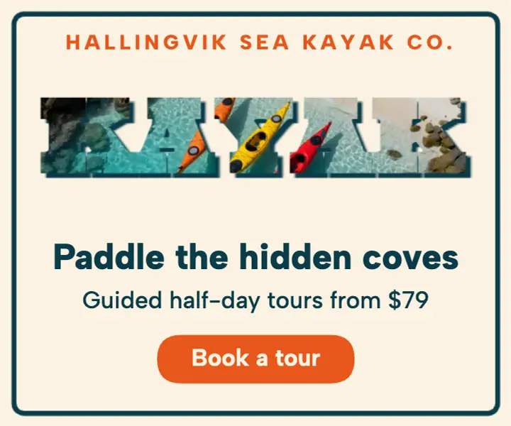 Hallingvik sea kayak tours display ad, photo-fill letters template