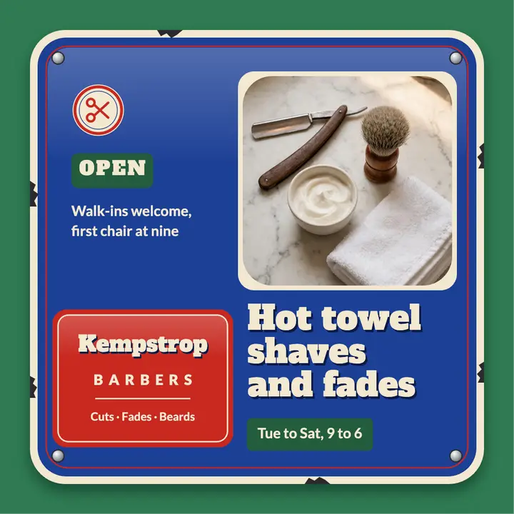 Kempstrop Barbers enamel tin sign post template