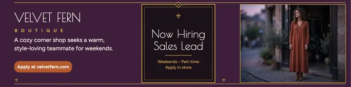 Velvet Fern Boutique hiring banner, boutique dusk template