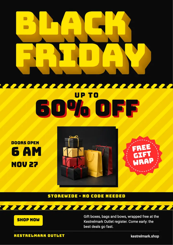 Kestrelmark Outlet Black Friday flyer, extruded block type template