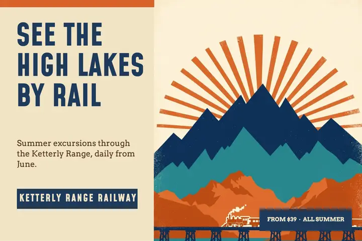 Ketterly Range railway postcard, screenprint travel poster: mountain railway travel postcard template