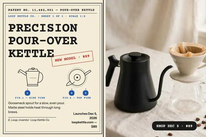 Loop precision kettle patent launch card: kettle launch postcard template