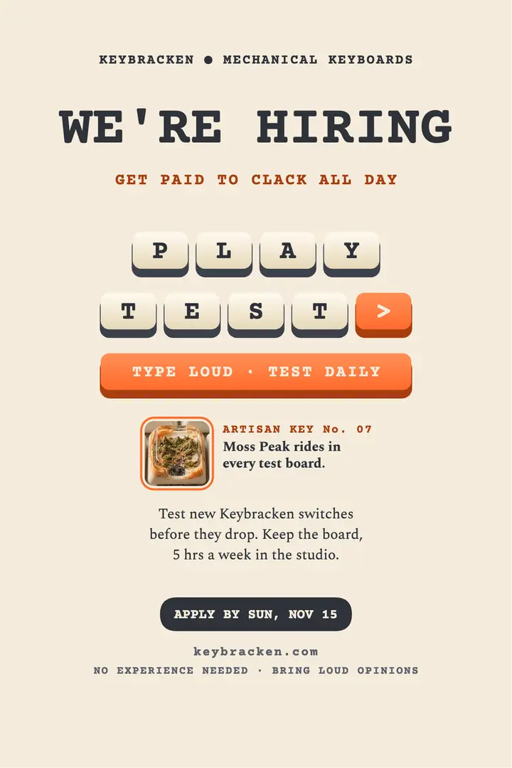 Keybracken playtester hiring poster: keyboard playtester hiring poster template
